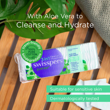 Swisspers 3in1 Aloe Vera & Vitamin E Cleanser Infused Pads 60 Pack