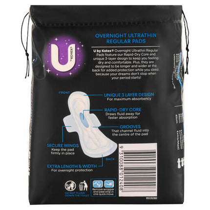 U By Kotex Overnight Ultrathins Pads Regular 10 Pack