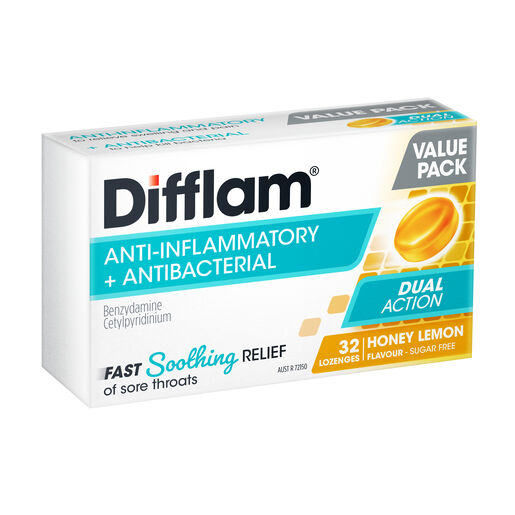 Difflam Dual Action Sore Throat Lozenges Honey & Lemon Flavour 32 Lozenges