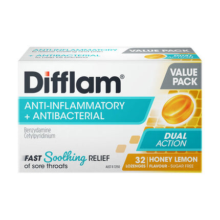 Difflam Dual Action Sore Throat Lozenges Honey & Lemon Flavour 32 Lozenges