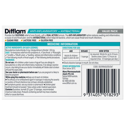 Difflam Dual Action Sore Throat Lozenges Honey & Lemon Flavour 32 Lozenges