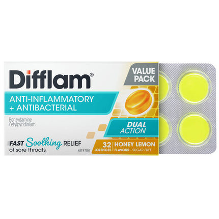 Difflam Dual Action Sore Throat Lozenges Honey & Lemon Flavour 32 Lozenges