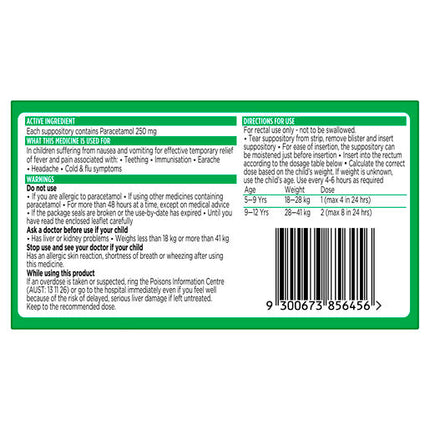Panadol Children 5 to 12 Years Suppositories Paracetamol 250mg 10 Pack