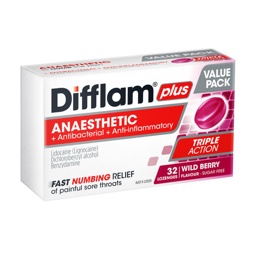 Difflam Plus Anaesthetic Sore Throat Triple Action Lozenges Berry Flavour 32 Lozenges