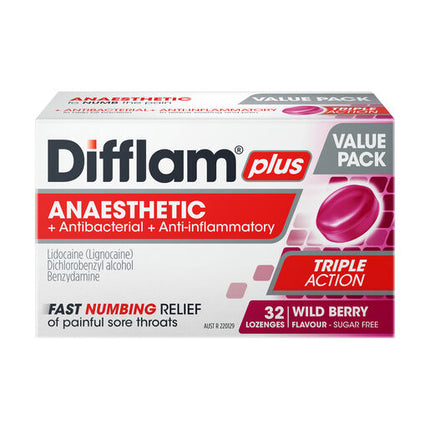 Difflam Plus Anaesthetic Sore Throat Triple Action Lozenges Berry Flavour 32 Lozenges