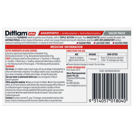 Difflam Plus Anaesthetic Sore Throat Triple Action Lozenges Berry Flavour 32 Lozenges