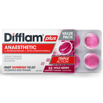 Difflam Plus Anaesthetic Sore Throat Triple Action Lozenges Berry Flavour 32 Lozenges