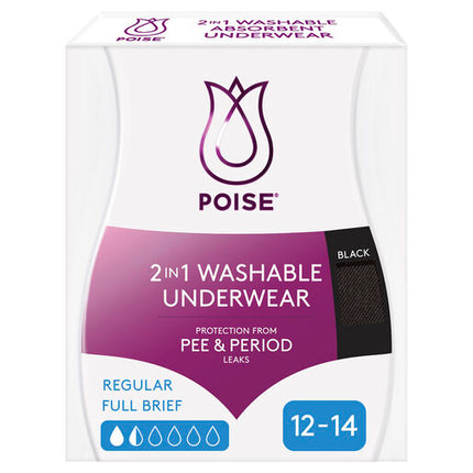 Poise 2-in-1 Period & Incontinence Undies Black Size 12-14 1 Pack