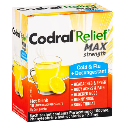 Codral Relief Max Cold & Flu + Decongestant Hot Drink Oral Powder 10 Sachets
