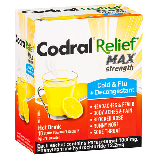 Codral Relief Max Cold & Flu + Decongestant Hot Drink Oral Powder 10 Sachets