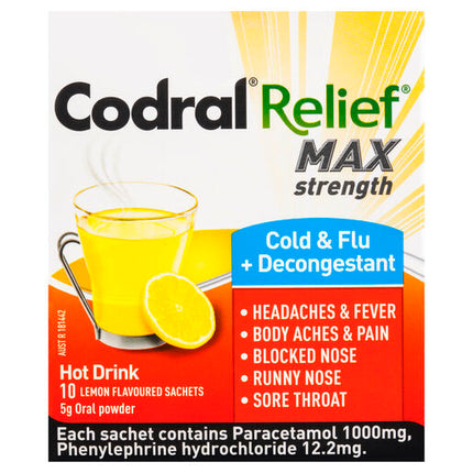 Codral Relief Max Cold & Flu + Decongestant Hot Drink Oral Powder 10 Sachets