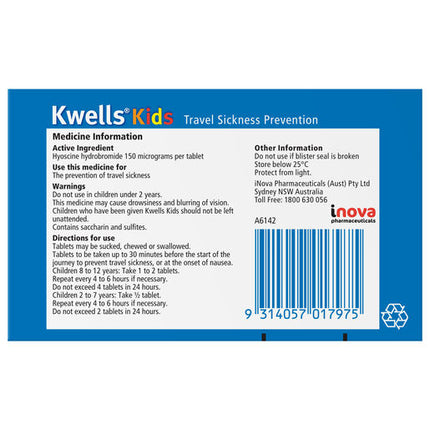 Kwells Kids Travel Sickness Prevention 12 Chewable Tablets