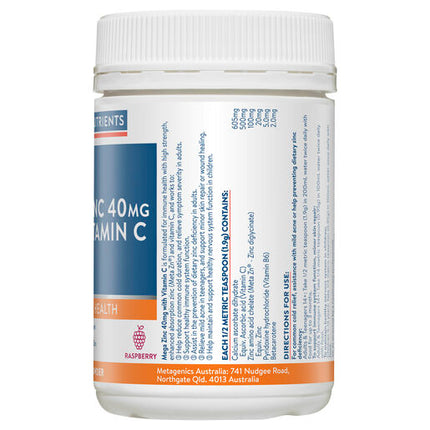 Ethical Nutrients Mega Zinc 40mg with Vitamin C Raspberry 190g Powder