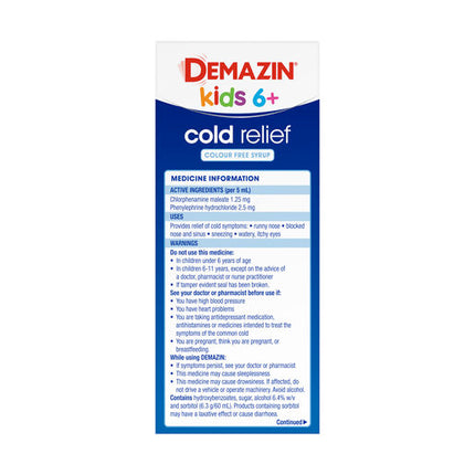 Demazin Kids 6+ Cold Relief Colour Free Syrup 100ml