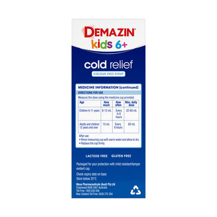 Demazin Kids 6+ Cold Relief Colour Free Syrup 100ml