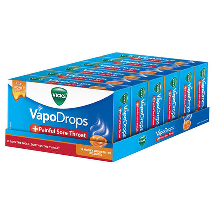 Vicks VapoDrops +Painful Sore Throat 16 Honey Liquicentre Lozenges – Cough & Cold
