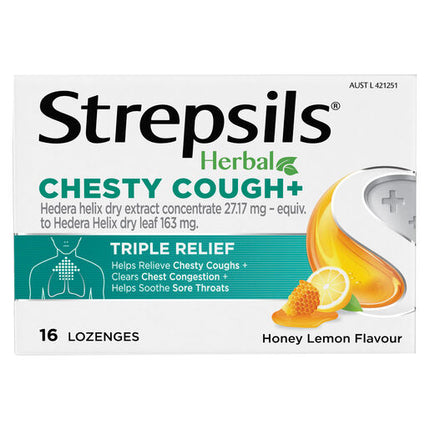 Strepsils Herbal Chesty Cough Honey Lemon Flavour 16 Lozenges