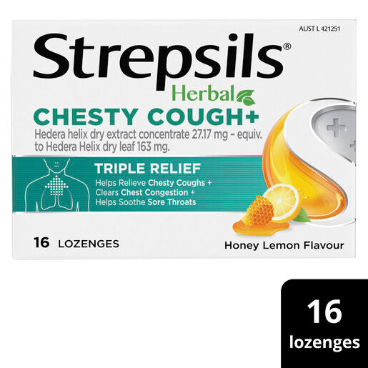 Strepsils Herbal Chesty Cough Honey Lemon Flavour 16 Lozenges