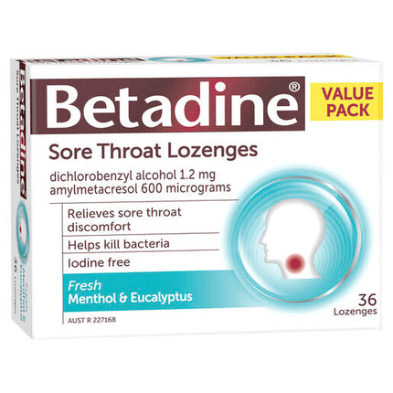Betadine Sore Throat Lozenges Menthol & Eucalyptus 36 Pack