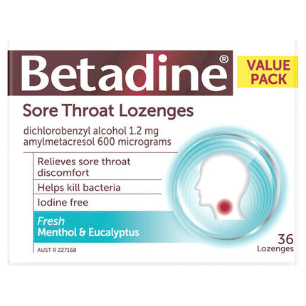 Betadine Sore Throat Lozenges Menthol & Eucalyptus 36 Pack