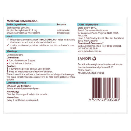 Betadine Sore Throat Lozenges Menthol & Eucalyptus 36 Pack