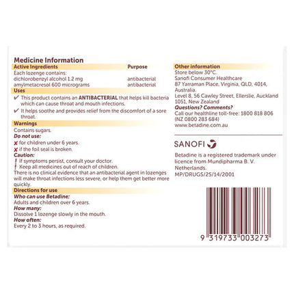 Betadine Sore Throat Lozenges Honey & Lemon 16 Pack