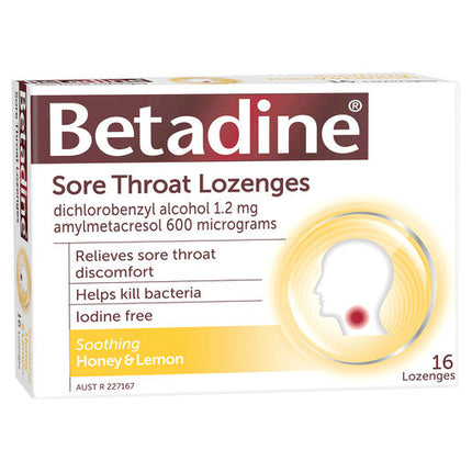 Betadine Sore Throat Lozenges Honey & Lemon 16 Pack