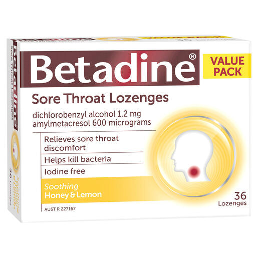 Betadine Sore Throat Lozenges Honey & Lemon 36 Pack