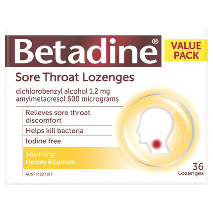 Betadine Sore Throat Lozenges Honey & Lemon 36 Pack