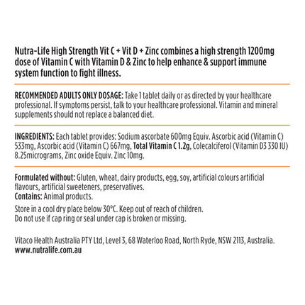 Nutra-Life High Strength Vit C + Vit D + Zinc 120 Tablets