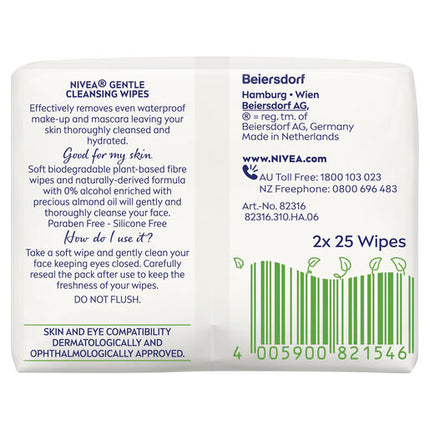 Nivea Gentle Facial Cleansing Wipes for Dry and Sensitive Skin 25 Twin Pack