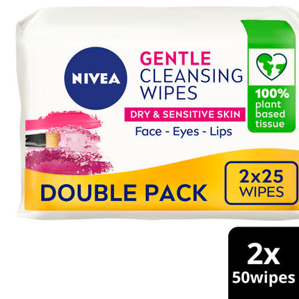 Nivea Gentle Facial Cleansing Wipes for Dry and Sensitive Skin 25 Twin Pack