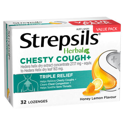 Strepsils Herbal Chesty Cough Honey Lemon Flavour 32 Lozenges