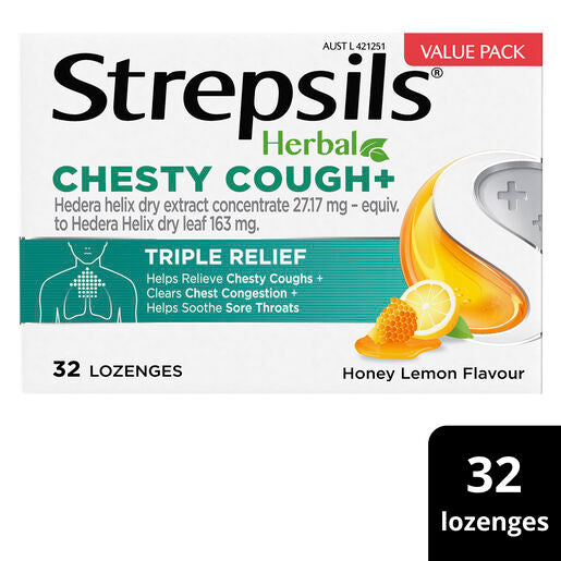Strepsils Herbal Chesty Cough Honey Lemon Flavour 32 Lozenges