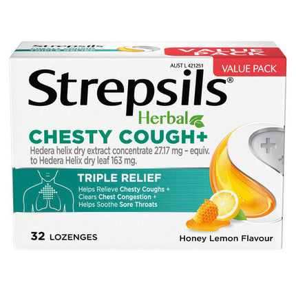 Strepsils Herbal Chesty Cough Honey Lemon Flavour 32 Lozenges