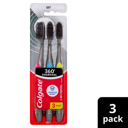 Colgate 360 Charcoal Manual Toothbrush, 3 Pack, Soft Spiral Antibacterial Bristles, Whole Mouth Clean