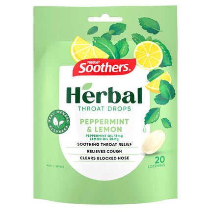 Soothers Herbal Peppermint & Lemon Throat Drops 20 Lozenges