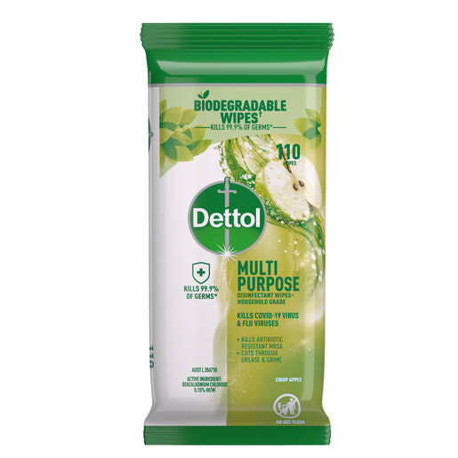 Dettol Multipurpose Disinfectant Wipes Crisp Apple Household Grade, 110 Pack