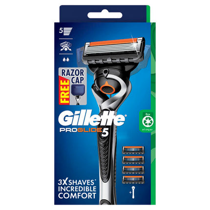 Gillette Fusion ProGlide Manual Razor Handle + 4 Cartridges + Free Razor Cap