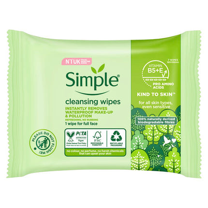 Simple Kind to Skin Biodegradable Cleansing Wipes with vitamin B5, vitamin E and pro amino acids 7 pc