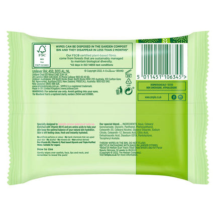 Simple Kind to Skin Biodegradable Cleansing Wipes with vitamin B5, vitamin E and pro amino acids 7 pc