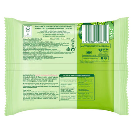 Simple Kind to Skin Biodegradable Cleansing Wipes with vit B5, vit E & pro amino acids 50 pc