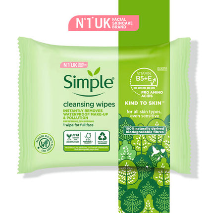 Simple Kind to Skin Biodegradable Cleansing Wipes with vitamin B5, vitamin E and pro amino acids 25 pc