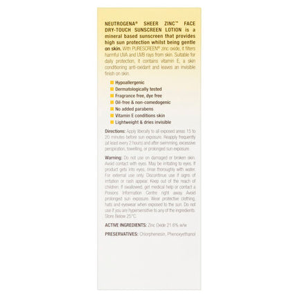 Neutrogena Sheer Zinc Fragrance Free Face Dry Touch Sunscreen Lotion SPF 50 59mL