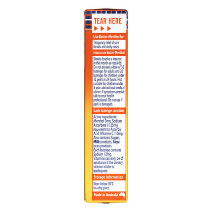 Butter Menthol Honey Centre Sore Throat Lozenges + Vitamin C 10 Pack