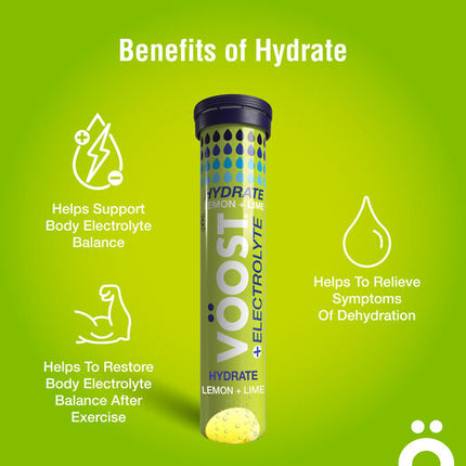 Voost Hydrate Lemon Lime Effervescent Vitamins Supplement Relieve Symptoms of Dehydration 20 Tablets