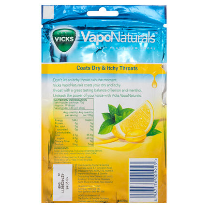 Vicks VapoNaturals Lemon Menthol Flavoured Drops 19 Naturally Flavoured Drops 70g Resealable Bag