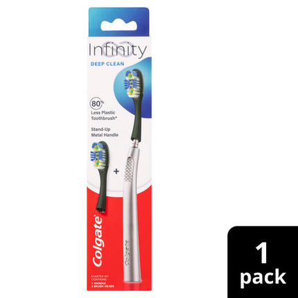Colgate Infinity Deep Clean Manual Toothbrush Starter Kit, Soft Bristles Replaceable Head, Stand-Up Metal Handle