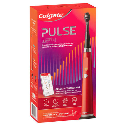 Colgate Pulse Connected Series 2 Deep Clean & Whitening Electric Toothbrush, 1 Pack with 2 Refill Heads, Plaque Removal