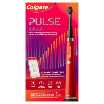 Colgate Pulse Connected Series 2 Deep Clean & Whitening Electric Toothbrush, 1 Pack with 2 Refill Heads, Plaque Removal